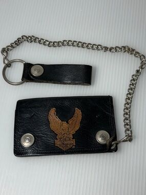 Vintage Harley Davidson Leather Iconic Eagle Trucker Wallet With Chain Belt Loop